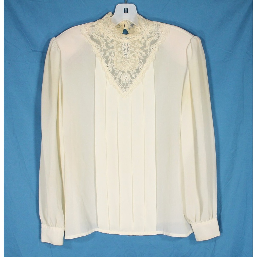 VTG SUSAN HUTTON Thin CREPE Ivory SHEER LACE High Neck VICTORIAN BLOUSE/TOP 10